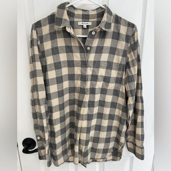 Madewell Tan Gray Flannel Quarter Button Oversized Ex Boyfriend Shirt Size S - Picture 1 of 5